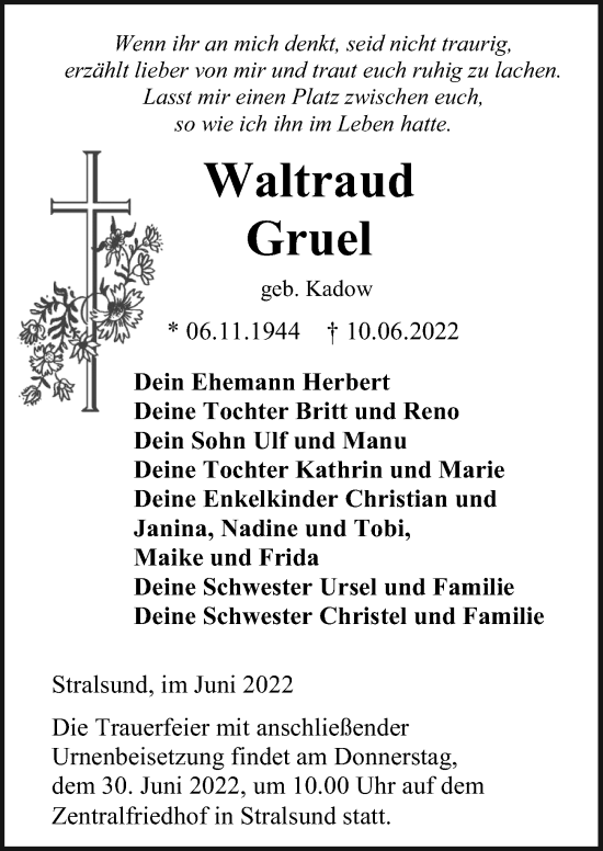 Traueranzeige von Waltraud Gruel von Ostsee-Zeitung GmbH