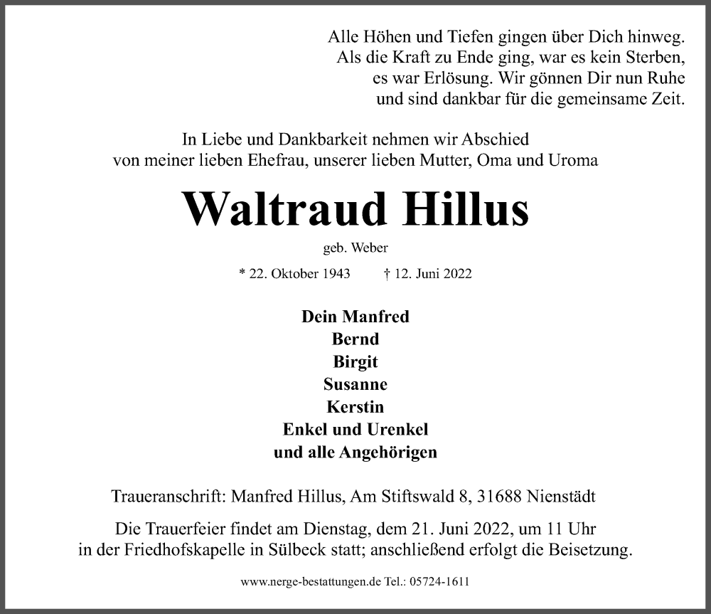  Traueranzeige für Waltraud Hillus vom 18.06.2022 aus Schaumburger Nachrichten