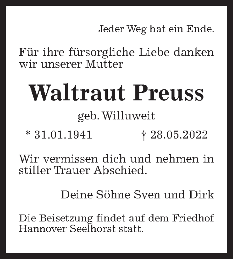  Traueranzeige für Waltraut Preuss vom 11.06.2022 aus Hannoversche Allgemeine Zeitung/Neue Presse