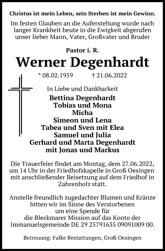 Traueranzeige von Werner Degenhardt von Aller Zeitung