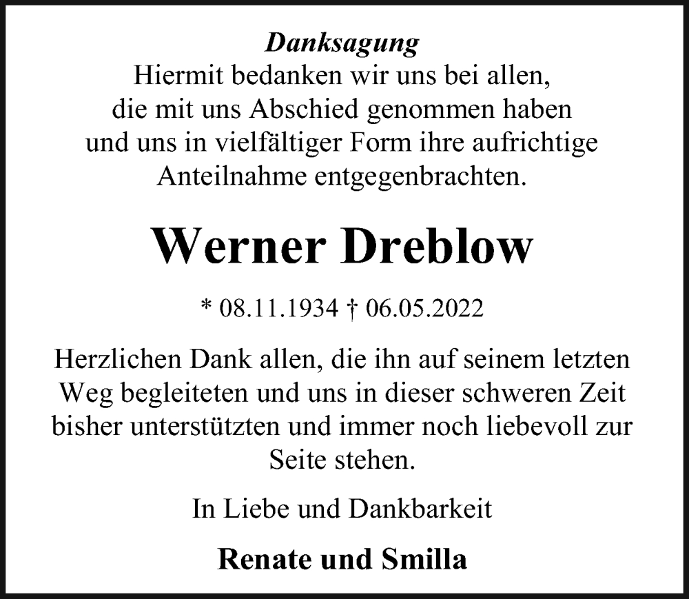  Traueranzeige für Werner Dreblow vom 11.06.2022 aus Ostsee-Zeitung GmbH