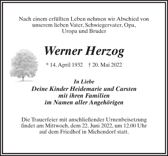 Traueranzeige von Werner Herzog von Märkischen Allgemeine Zeitung