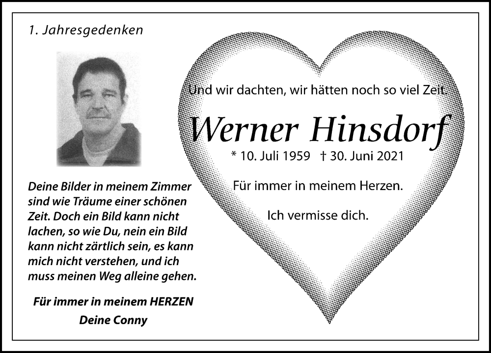  Traueranzeige für Werner Hinsdorf vom 30.06.2022 aus Leipziger Volkszeitung