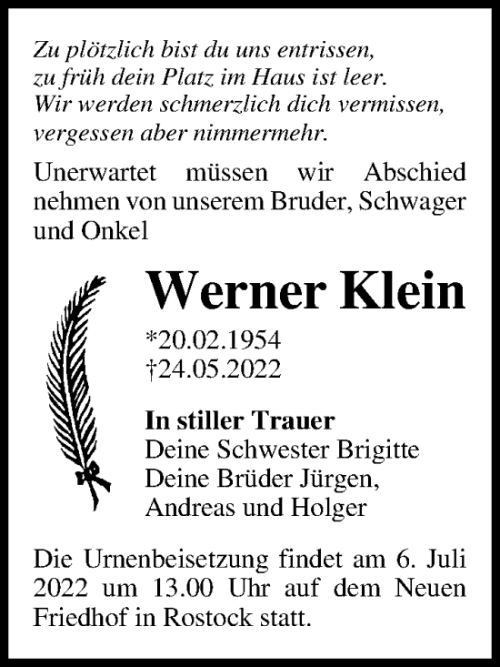 Traueranzeige von Werner Klein von Ostsee-Zeitung GmbH