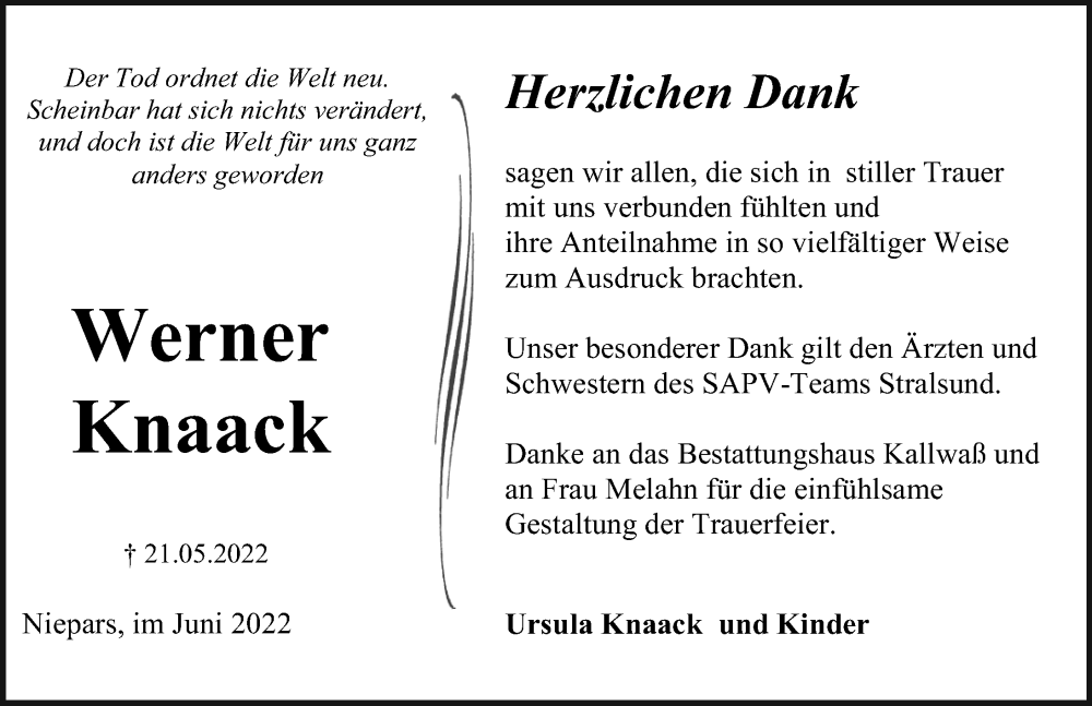  Traueranzeige für Werner Knaack vom 25.06.2022 aus Ostsee-Zeitung GmbH