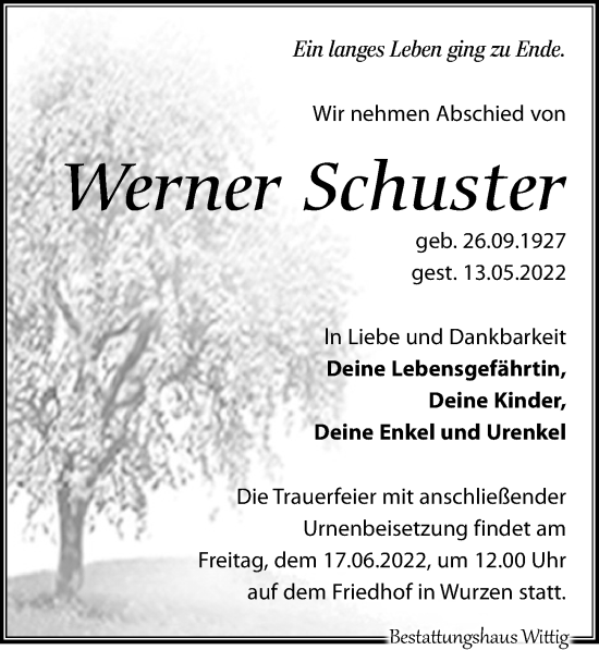 Traueranzeige von Werner Schuster von Leipziger Volkszeitung