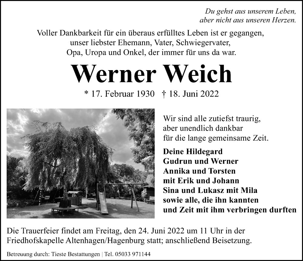  Traueranzeige für Werner Weich vom 22.06.2022 aus Schaumburger Nachrichten