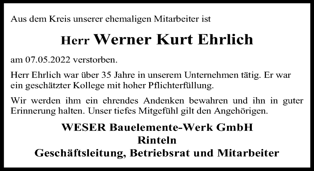  Traueranzeige für Werner Kurt Ehrlich vom 04.06.2022 aus Schaumburger Nachrichten