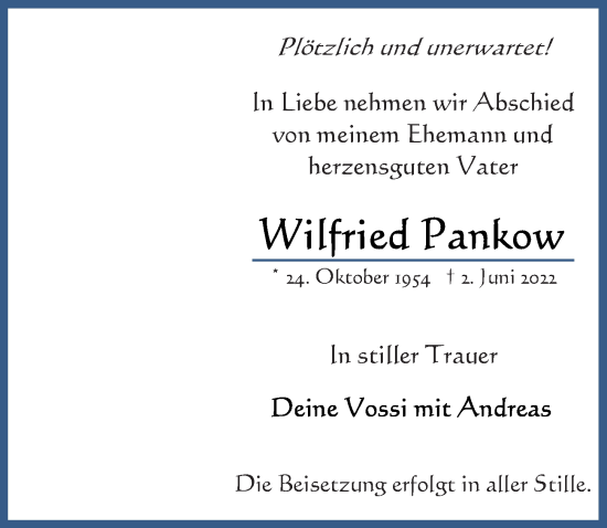 Traueranzeige von Wilfried Pankow von Ostsee-Zeitung GmbH