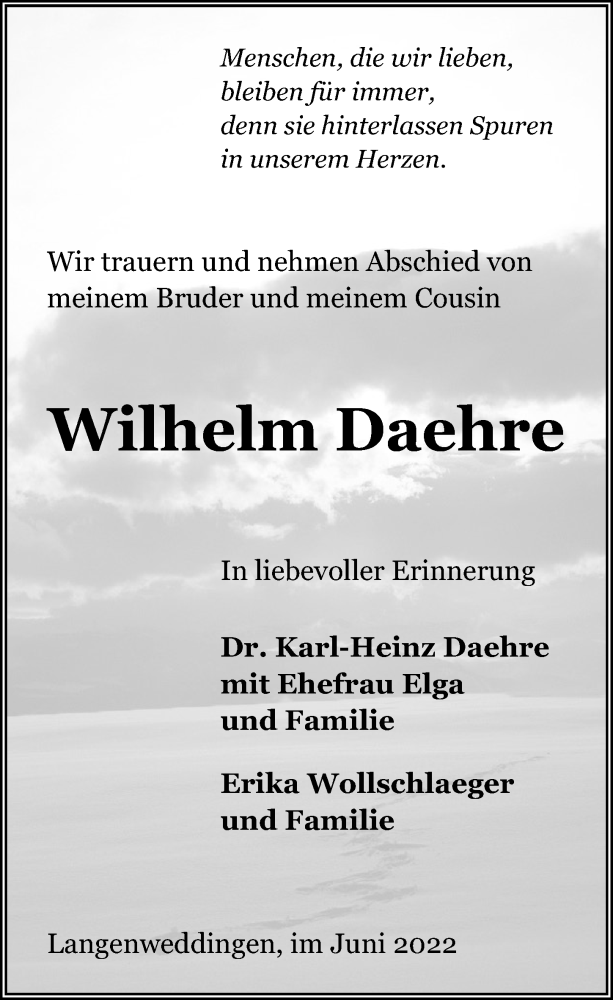  Traueranzeige für Wilhelm Daehre vom 22.06.2022 aus Aller Zeitung
