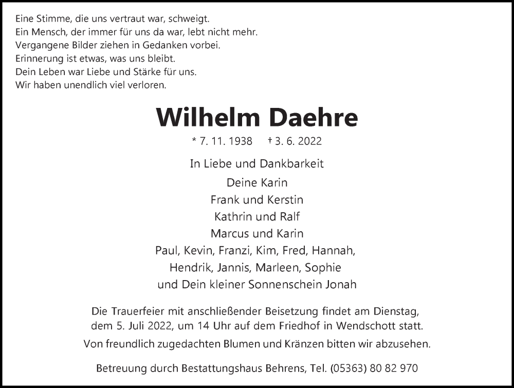  Traueranzeige für Wilhelm Daehre vom 18.06.2022 aus Aller Zeitung