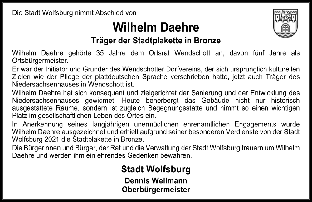  Traueranzeige für Wilhelm Daehre vom 18.06.2022 aus Aller Zeitung