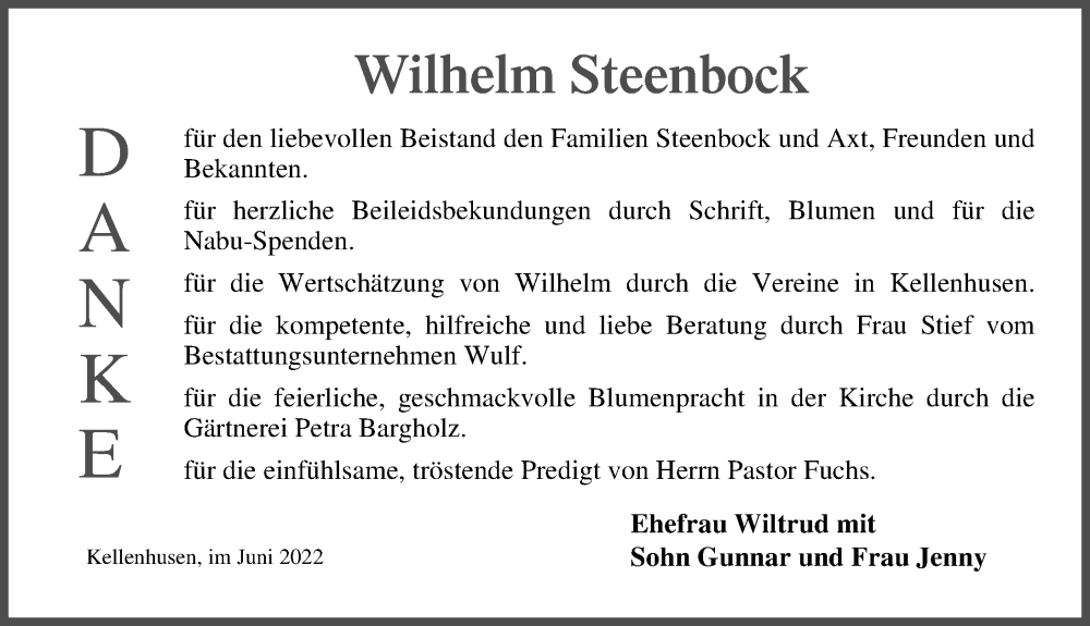  Traueranzeige für Wilhelm Steenbock vom 11.06.2022 aus Lübecker Nachrichten