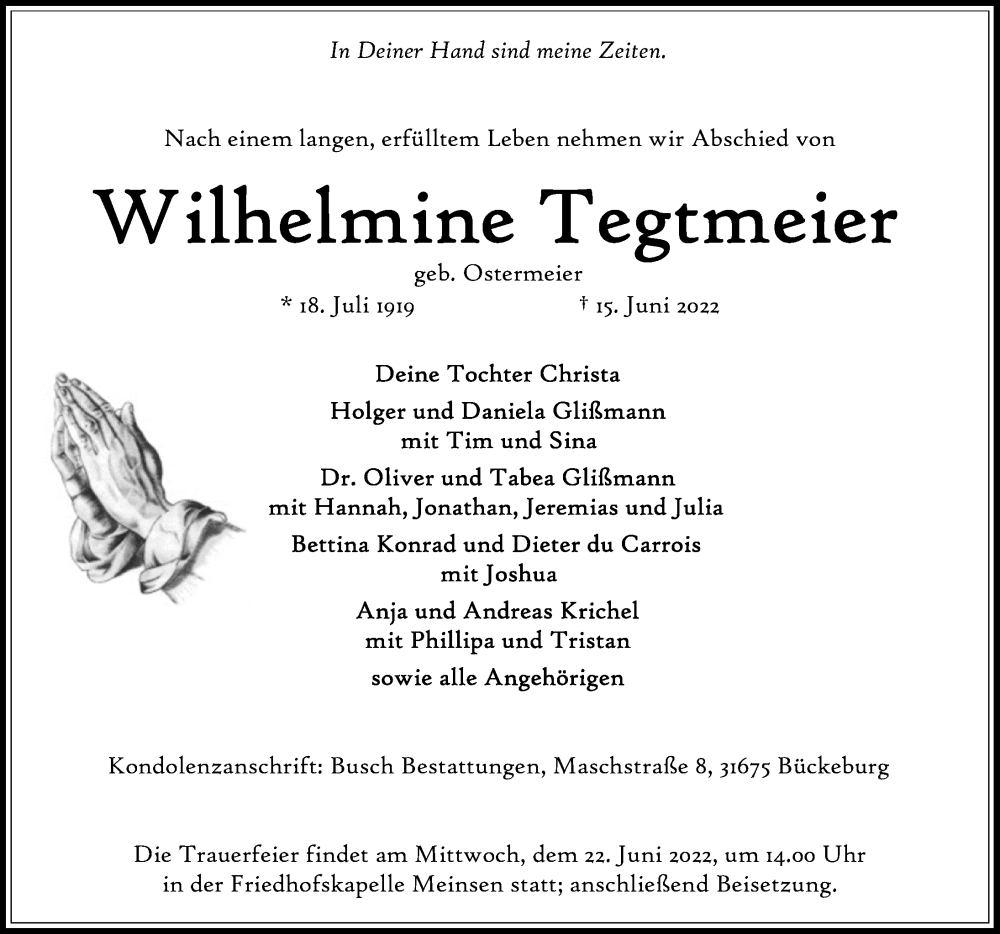  Traueranzeige für Wilhelmine Tegtmeier vom 21.06.2022 aus Schaumburger Nachrichten