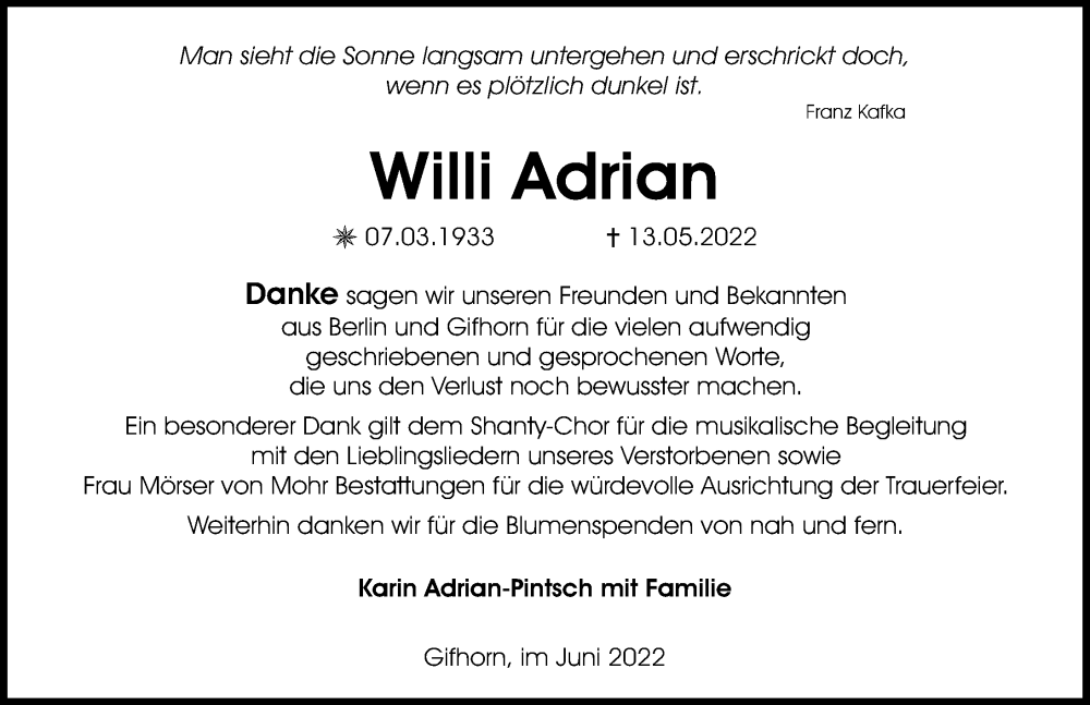  Traueranzeige für Willi Adrian vom 04.06.2022 aus Aller Zeitung