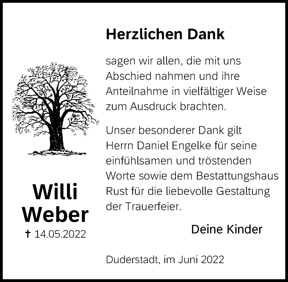  Traueranzeige für Willi Weber vom 18.06.2022 aus Eichsfelder Tageblatt
