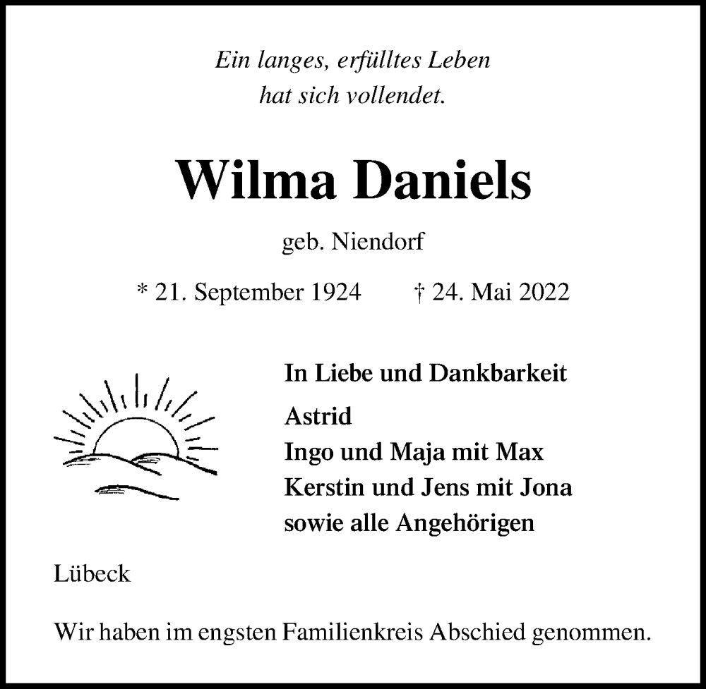  Traueranzeige für Wilma Daniels vom 12.06.2022 aus Lübecker Nachrichten