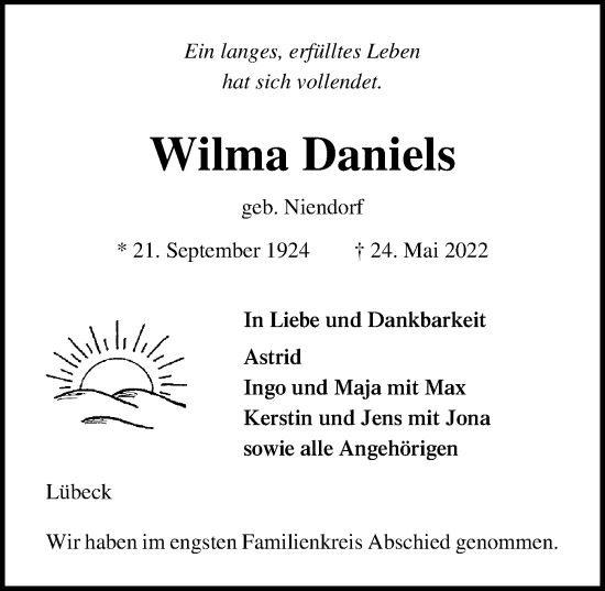 Traueranzeige von Wilma Daniels von Lübecker Nachrichten