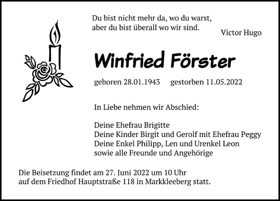 Traueranzeige von Winfried Förster von Leipziger Volkszeitung