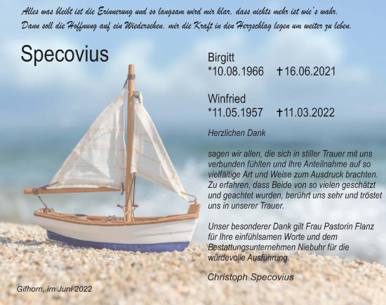 Traueranzeige von Winfried Specovius von Aller Zeitung