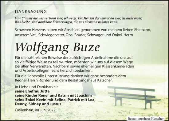 Traueranzeige von Wolfgang Buze von Leipziger Volkszeitung
