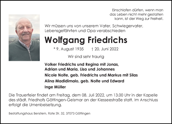 Traueranzeige von Wolfgang Friedrichs von Göttinger Tageblatt