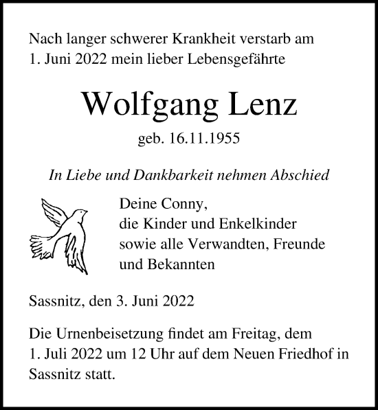 Traueranzeige von Wolfgang Lenz von Ostsee-Zeitung GmbH