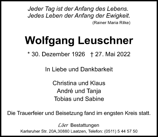 Traueranzeige von Wolfgang Leuschner von Hannoversche Allgemeine Zeitung/Neue Presse