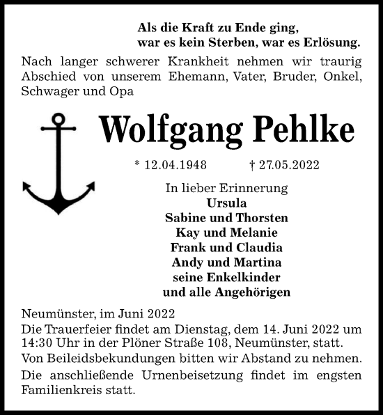 Traueranzeige von Wolfgang Pehlke von Kieler Nachrichten