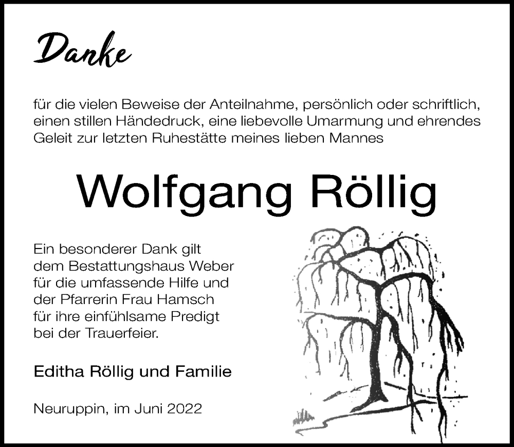  Traueranzeige für Wolfgang Röllig vom 18.06.2022 aus Märkischen Allgemeine Zeitung