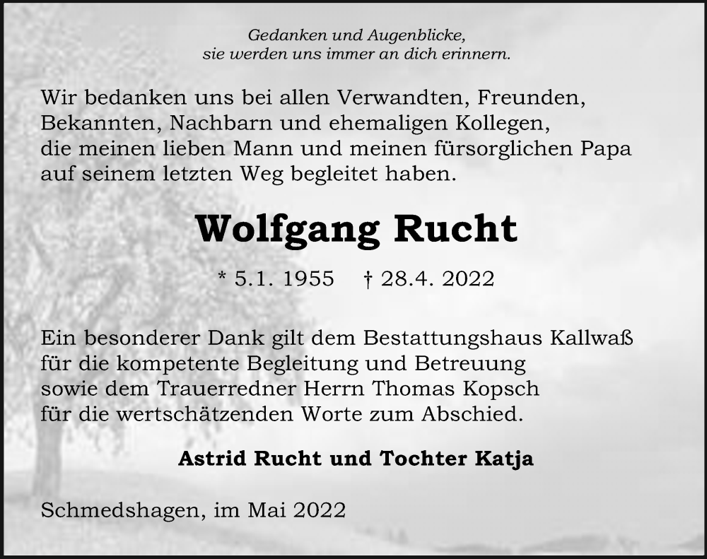  Traueranzeige für Wolfgang Rucht vom 04.06.2022 aus Ostsee-Zeitung GmbH