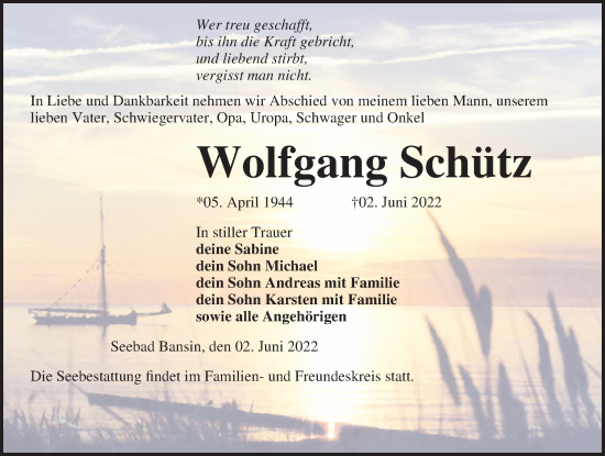 Traueranzeige von Wolfgang Schütz von Ostsee-Zeitung GmbH