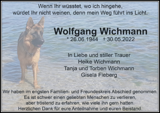 Traueranzeige von Wolfgang Wichmann von Lübecker Nachrichten