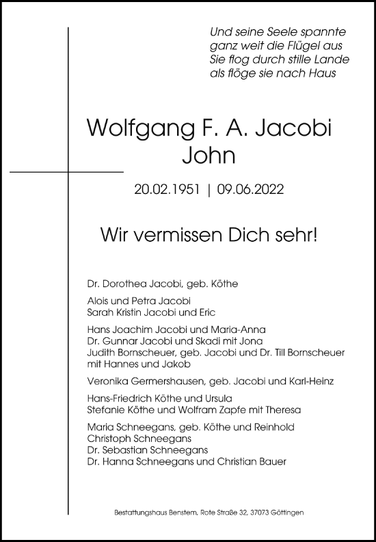 Traueranzeige von Wolfgang F.A. Jacobi von Göttinger Tageblatt