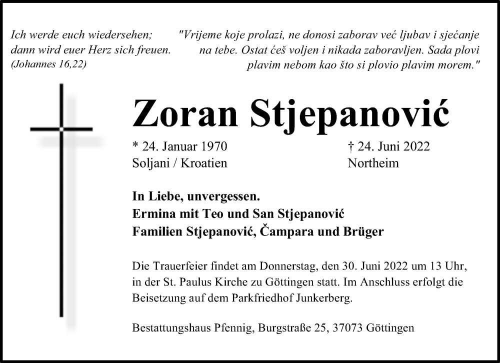  Traueranzeige für Zoran Stjepanovic vom 29.06.2022 aus Göttinger Tageblatt