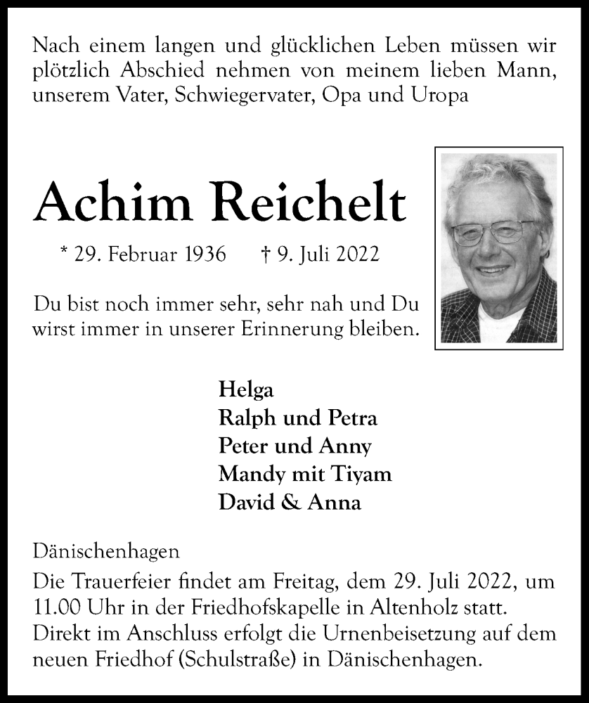  Traueranzeige für Achim Reichelt vom 16.07.2022 aus Kieler Nachrichten