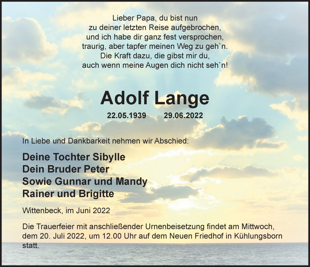  Traueranzeige für Adolf Lange vom 02.07.2022 aus Ostsee-Zeitung GmbH