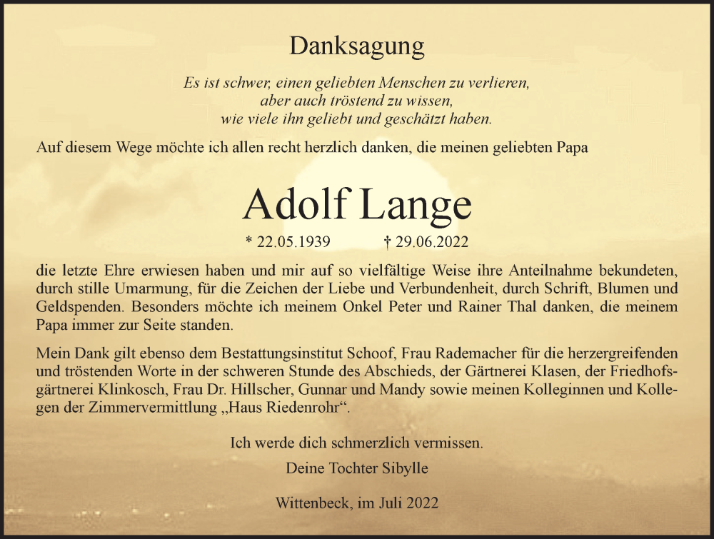 Traueranzeige für Adolf Lange vom 23.07.2022 aus Ostsee-Zeitung GmbH