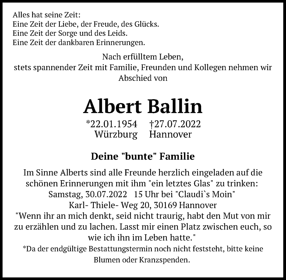  Traueranzeige für Albert Ballin vom 29.07.2022 aus Hannoversche Allgemeine Zeitung/Neue Presse