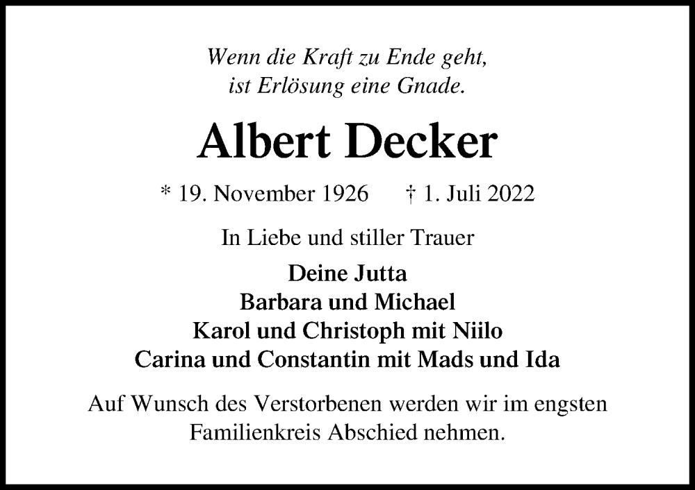 Traueranzeige für Albert Decker vom 10.07.2022 aus Lübecker Nachrichten