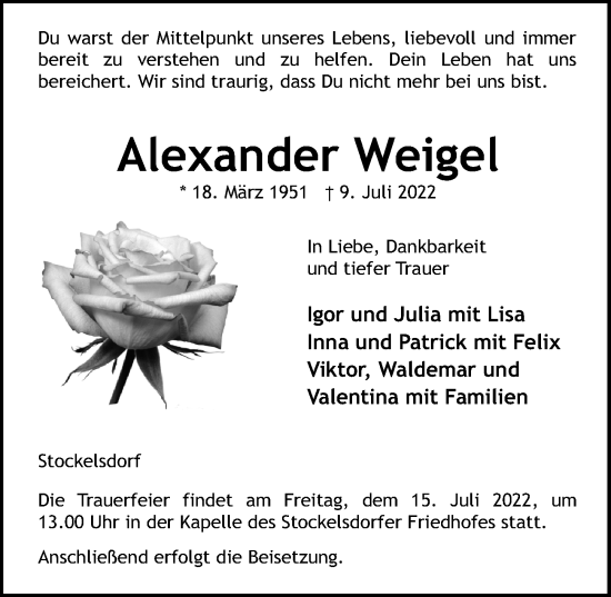 Traueranzeige von Alexander Weigel von Lübecker Nachrichten