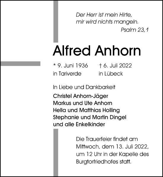 Traueranzeige von Alfred Anhorn von Lübecker Nachrichten