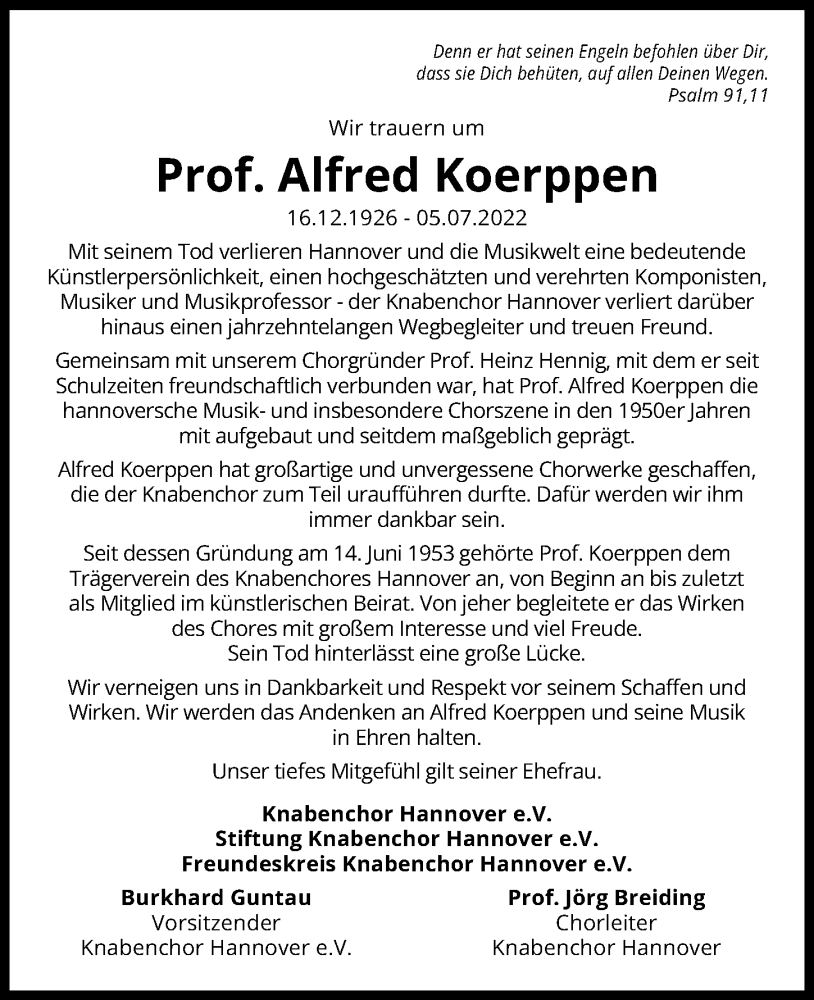  Traueranzeige für Alfred Koerppen vom 09.07.2022 aus Hannoversche Allgemeine Zeitung/Neue Presse