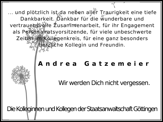 Traueranzeige von Andrea Gatzemeier von Göttinger Tageblatt