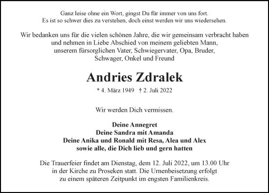 Traueranzeige von Andries Zdralek von Ostsee-Zeitung GmbH
