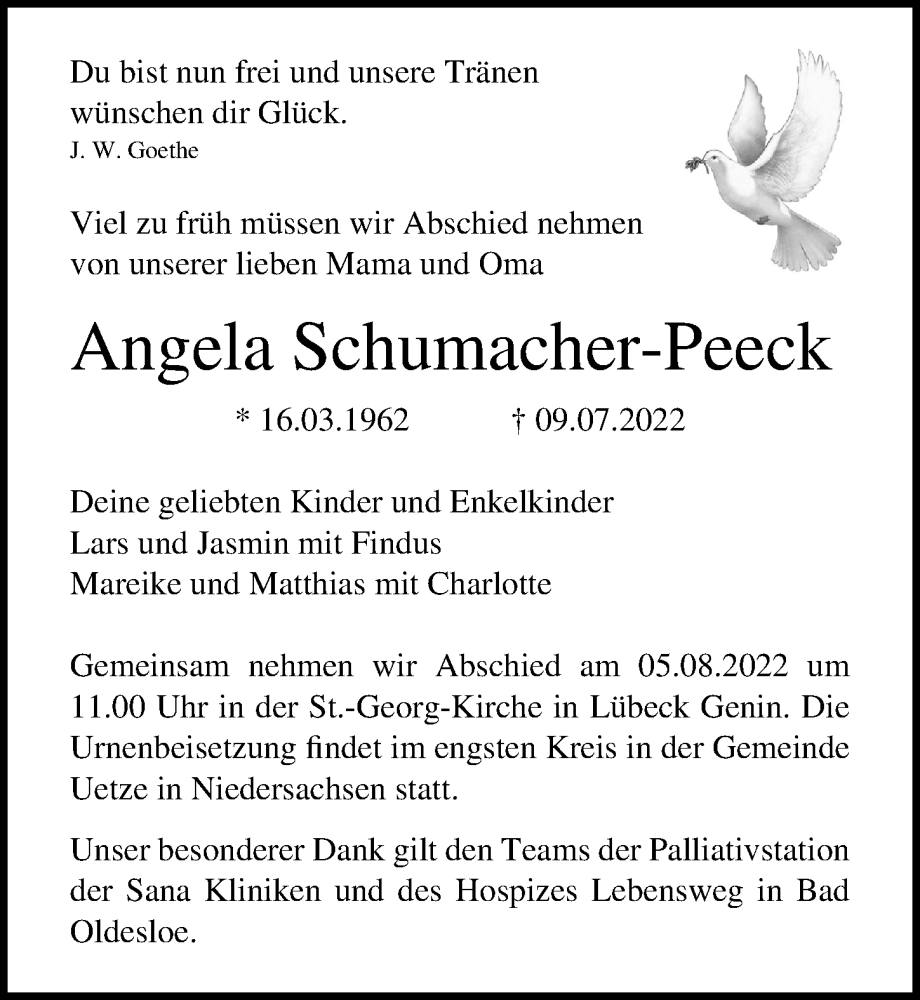 Traueranzeige für Angela Schumacher-Peeck vom 31.07.2022 aus Lübecker Nachrichten