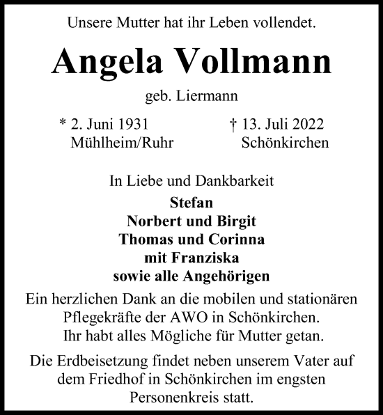 Traueranzeige von Angela Vollmann von Kieler Nachrichten