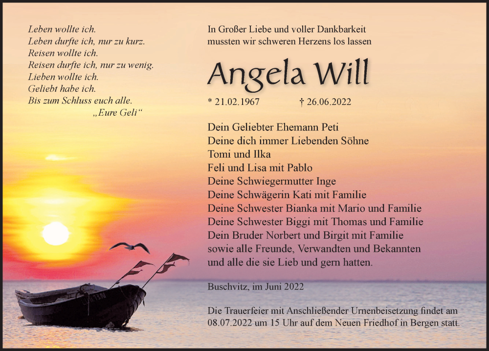  Traueranzeige für Angela Will vom 02.07.2022 aus Ostsee-Zeitung GmbH