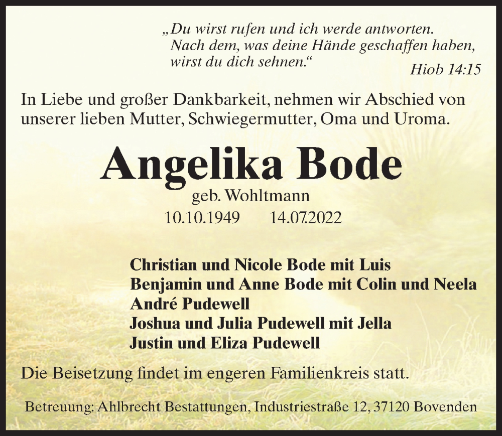  Traueranzeige für Angelika Bode vom 23.07.2022 aus Göttinger Tageblatt