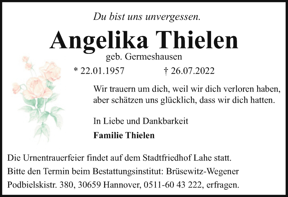  Traueranzeige für Angelika Thielen vom 30.07.2022 aus Hannoversche Allgemeine Zeitung/Neue Presse